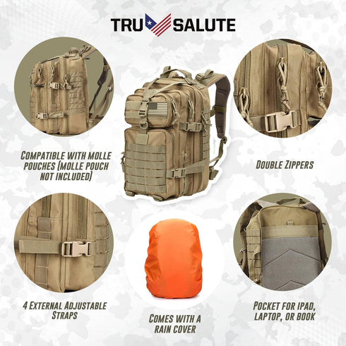 Tru Salute 45L Military Tactical Backpack, Large Army 3 Day Assault Pack Molle Bugout Bag (Tan)