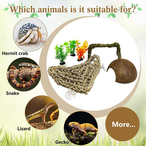 6 PCS Hermit Crab Climbing Toys Large Bendable Moss Hermit Crab Climbing Toys Coconut Hideout Hut Plants with Suction