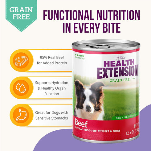 95% 5.5 oz 24) Health Extension Beef Grain-Free Wet Dog Food, High Protein Recipe, Limited Ingredients, Picky Eaters