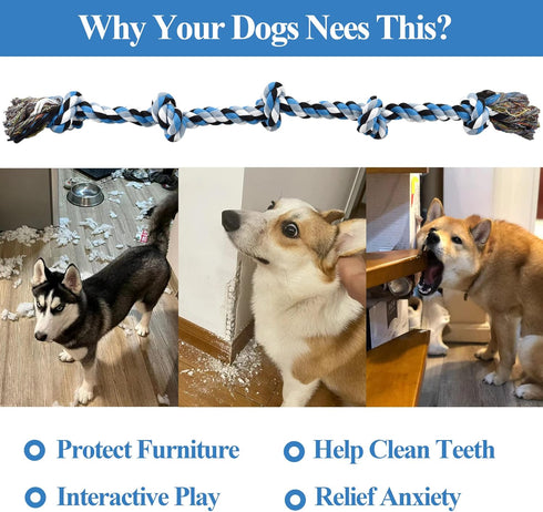 Dog Toys for Aggressive Chewers, Tough Rope Chew Toys for Large Medium Dogs, 3 Feet 5 Knots Cotton Rope