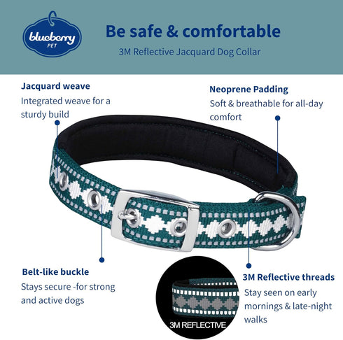 Blueberry Pet Reflective Jacquard Dog Collar, Neoprene Padding, Soft & Adjustable, Teal Blue