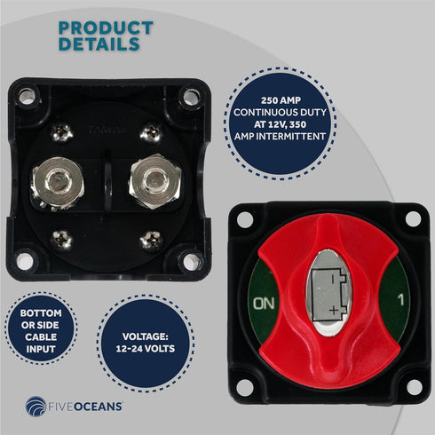 Five Oceans Marine Battery Disconnect Switch On-Off with Knob, 250 Amp Continuous, 12-24 Volts - FO3510