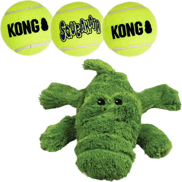 KONG Cozie Ali The Alligator and 3 SqueakAir Balls - Fun, Interactive Dog Toys for Fetch & Soft, Sturdy Indoor Play for