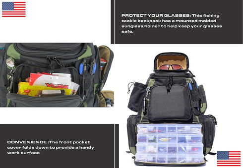 OSAGE RIVER Fishing Backpack Medium, Fits 4 Large Tackle Boxes, Waterproof Rain Cover, Includes Pliers and Flashlight