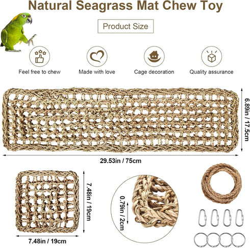 SMICEM 2Pcs 2 Sizes29.53x6.89 &7.48x7.48 Inches Natural Sea Grass Parrot Mat - Foraging Chew Wall Toy with Climbing