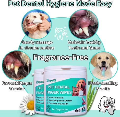 (2 Pack). Pet Dental Finger Wipes for Dogs & Cats Dog Tooth Wipes & Toothbrush Alternative Easy Teeth Cleaning
