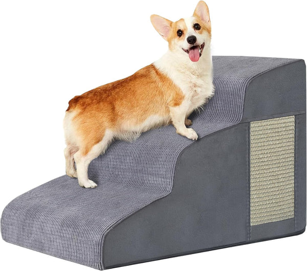 Dog Stairs for Small Dogs, 3-Step Curved Ramp for Bed, Couch, Sofa, Car, Non-Slip Bottom Design, Grey