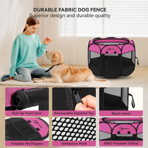 Dog Playpen, Indoor Puppy Pet Playpen for Medium Dogs, Portable Pop Up Kennel with Carrying Case, Hot Pink