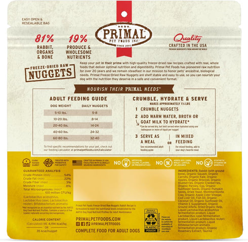 Primal Freeze Dried Raw Dog Food Nuggets - Rabbit - Complete & Balanced Meal - Premium, Healthy, Grain Free, High