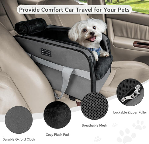 9 LBS PETSFIT Multipurpose Center Console Dog Car Seat, Airline Approved Dog Car Carrier with Safety Tether