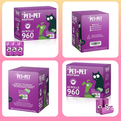 Pack 960 Count, 41% PET N PET Dog Poop Bags Scented, Value Dog Bags Refill Rolls for Doggy Poo, Cat Litter Waste, Thick