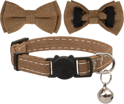 Breakaway Cat Collar with Bowtie Safety Bell - Adjustable Solid Plaid Color Set D, 2pcs, Brown for Kittens