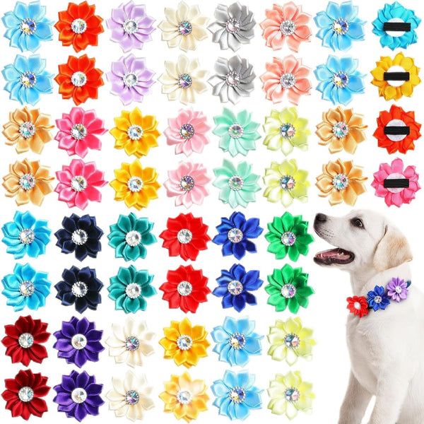 100 Pcs Dog Collar Flowers, Multicolored Bow Ties and Charms for Puppy Dog Cat Accessories
