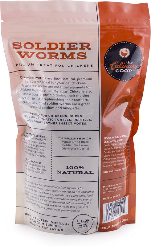 Packed 100% 16 oz Fluker's Culinary Coop Premium Chicken Treats, Dried Soldier Worms, with Protein and Calcium, Natural