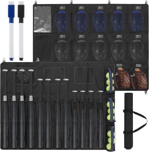 Woanger 15 Player Dugout Organizer and 12 Bats Hanging Bag, Baseball Helmet Holder with Black and Blue Dry Erase Marker