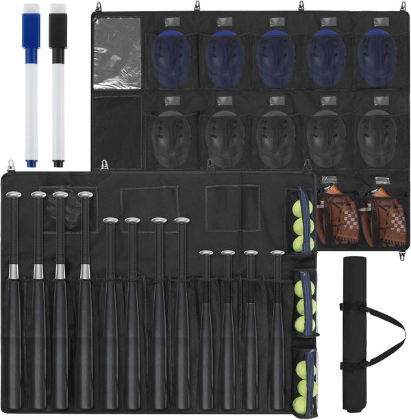 Woanger 15 Player Dugout Organizer and 12 Bats Hanging Bag, Baseball Helmet Holder with Black and Blue Dry Erase Marker