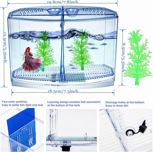 Mini Fish Tank with Divider, Small Beta Fish Tank Shrimp Tank, 2/5 Gallon Double-Compartment Acrylic Habitat
