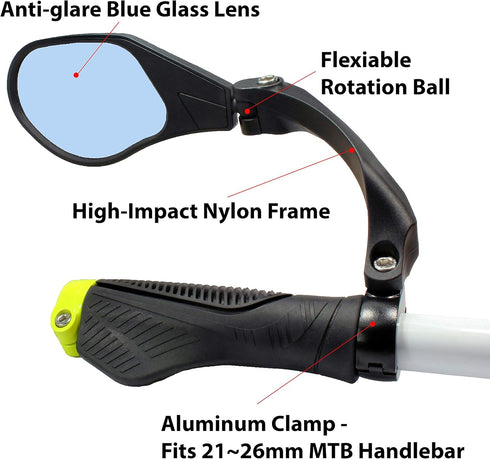 Hafny New Handlebar Bike Mirror - HD Glass Lens, Blast-Resistant, HF-MR088LS (Left Side, Blue Glass)