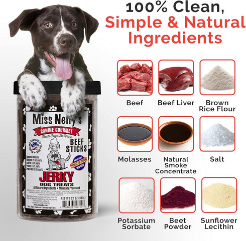 Miss Nelly's All Natural Beef Jerky Dog Treats - Original Smoke House Recipe - Minimally Processed Soft Sticks - Made