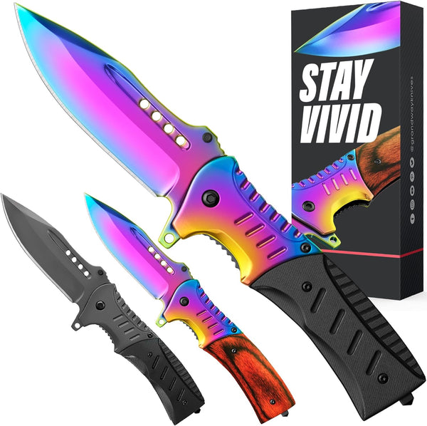 Grand Way Pocket Knife, Rainbow EDC USMC Jack Folding Knife, Best Camping Survival Gear, Gifts for Men 0208 BR