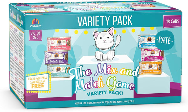 Weruva Wet Cat Food, The Mix and Match Game Pate Variety Pack, 3 oz Can, Pack of 18