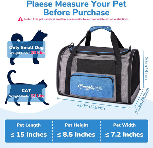 10 lbs BurgeonNest Cat Carrier, Airline Approved Dog Carrier, Soft Sided Cat Pet Carrier for Small Medium Cats Dogs