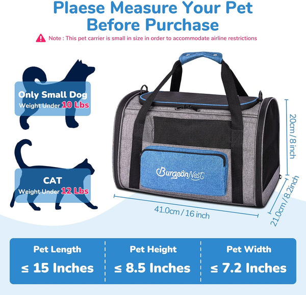 10 lbs BurgeonNest Cat Carrier, Airline Approved Dog Carrier, Soft Sided Cat Pet Carrier for Small Medium Cats Dogs