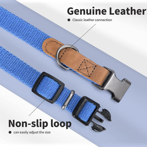 Mile High Life Dog Collars, Soft Cotton with Heavy Metal Buckle, Classic Puppy Collar with Genuine Leather Tips for