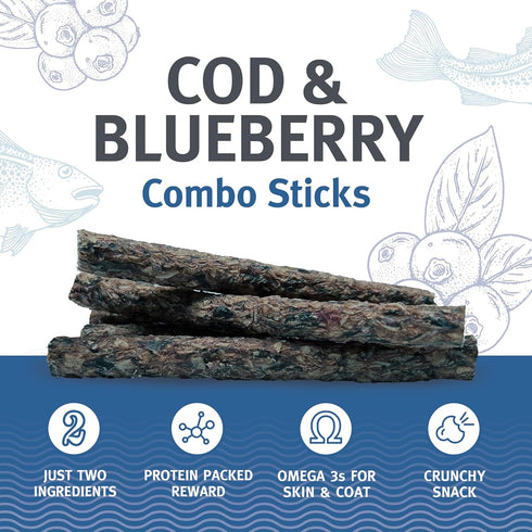 Icelandic+ Combo Sticks: Cod & Blueberry - 2oz Dog Treats, Crunchy Pet Snacks, Preservative Free