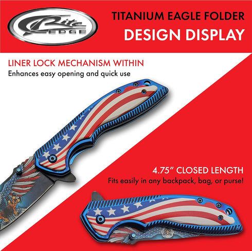 SZCO 8.25” American Eagle Folding Knife, Titanium Finished Handle, Red, White & Blue
