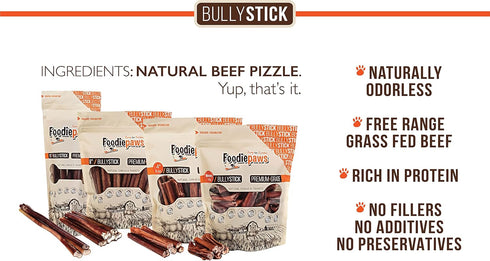 6 Inch 25 Pack FOODIEPAWS Thin Bully Sticks for Dogs, Bulk | All Natural, Grass-Fed Beef | High Protein, Rawhide-Free