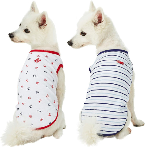 Blueberry Pet Summer Vacation Beach Dog T-Shirts, 2 Pack, Sea Lover Navy Sailor Tank Top, Back Length 10", for Small