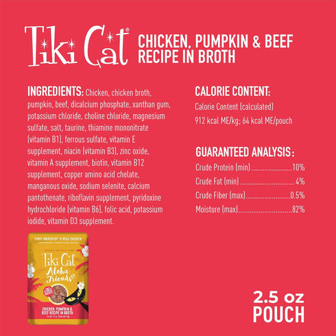 Tiki Cat Aloha Friends, Chicken, Pumpkin & Beef, Grain-Free Wet Cat Food for All Life Stages, 2.5 oz. Pouch (Pack of 12)