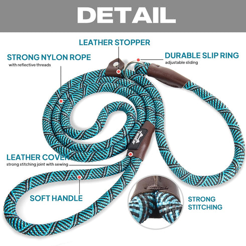 TwoEar Dog Leash Slip Lead - 1/2" x 6FT Reflective Durable Training Leash for Medium & Large Dogs, Blue