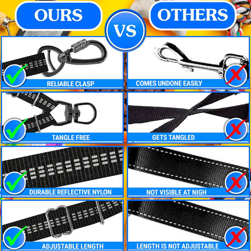 Double Dog Leash – Adjustable Length Long Leash for Training, Reflective Design, Heavy Duty Nylon (Black, Large)