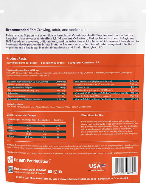 Dr. Bill’s Feline Immune Support - Boosts Cat Immunity with Colostrum, Beta Glucan, Turkey Tail Mushroom, Zinc &