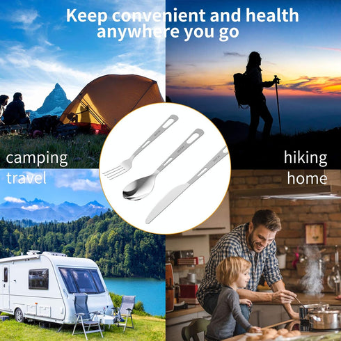 OUTXE Titanium Flatware Set - Polished Knife Fork Spoon Lightweight Camping Utility Cutlery with Bag