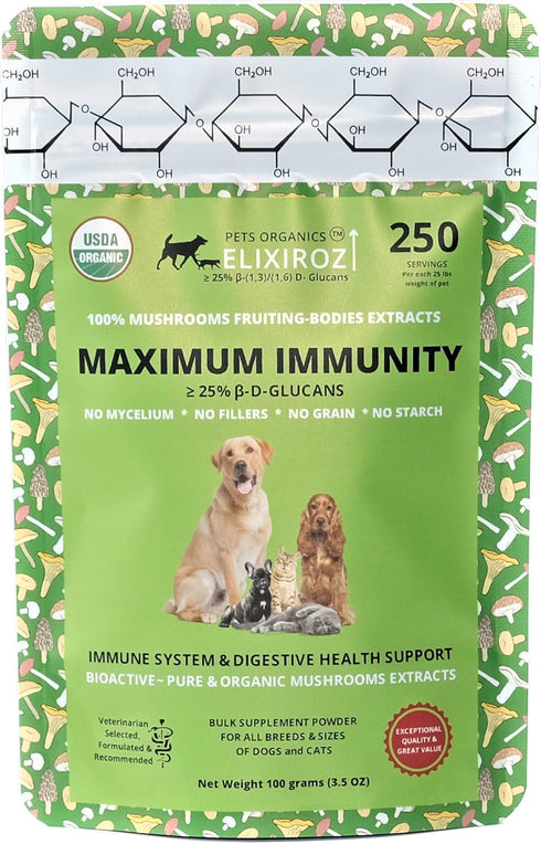 MAXIMUM IMMUNITY: >25% ß-glucan 100% Mushrooms Extracts for Dogs & Cats, Immune & Digestive Support, 250 SERVINGS
