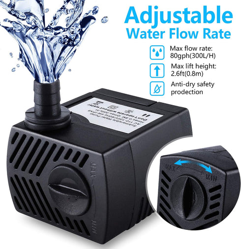 Submersible Fountain Pump 80GPH (4W 300L/H) with 4.9ft Tubing, 3 Nozzles for Aquarium, Pond, Fish Tank, Hydroponics