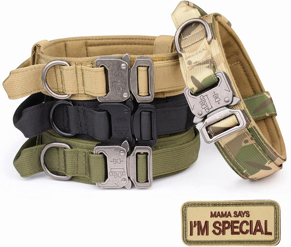 KCUCOP Tactical Dog Collar with Mama Says I'm Special Patch, Adjustable Heavy Duty Metal Buckle for Medium and Large