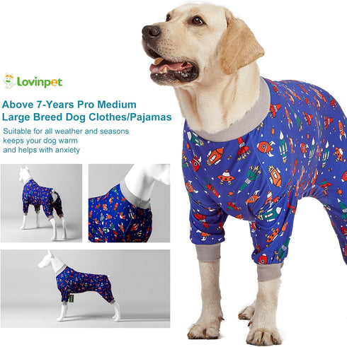 LovinPet Large Dog Pajamas, Navy Rocket and Spaceship Print, Lightweight Stretchy Knit Onesies for Dogs