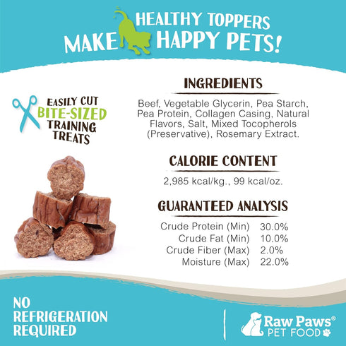 Raw Paws Grain-Free Soft Sausage Treats for Dogs & Cats - Beef Recipe, 6-oz Made in USA