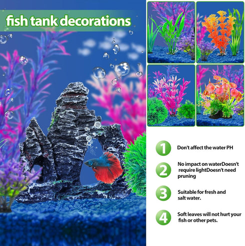 13Pcs Fish Tank Artificial Plastic Plants & Cave Rock Decor Set - Aquarium Decorations Kit