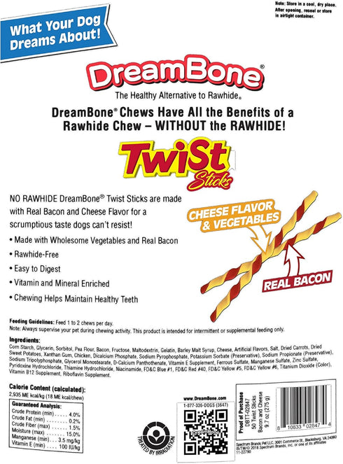 Dreambone Twist Sticks, 50 Count, Rawhide-Free Chews with Real Bacon and Cheese Flavor (3 Pack)