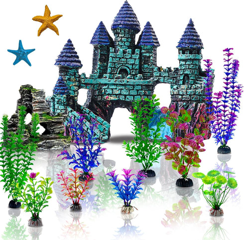 13 Pieces Aquarium Decorations Kit, Small Resin Castle and Rockery Betta Fish Cave Set