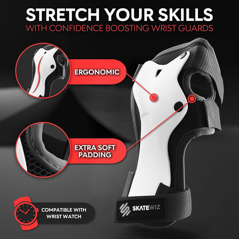 SKATEWIZ Knee Pads for Skating - Adult Knee and Elbow Pads Set for Women, Size L/XL in Black White