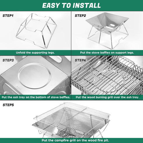 Odoland Folding Campfire Grill, 304 Stainless Steel Barbeque Grill, Portable Camping Grill with Carrying Bag
