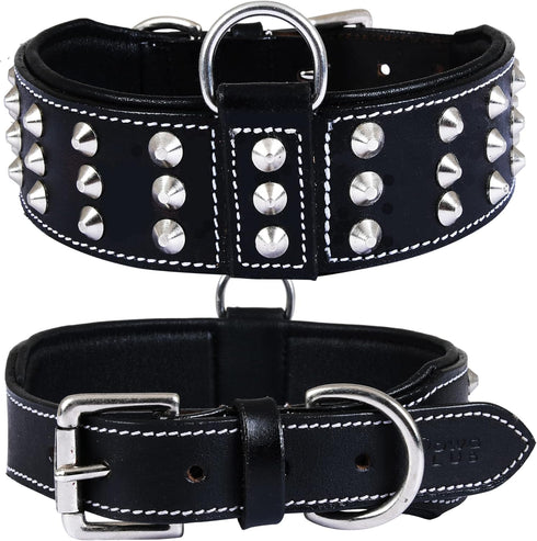 Genuine Leather Studded Dog Collar | Brazier Rivet | 2” Wide, Heavy Duty, Cushion Padding for Medium, Large, XL