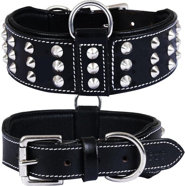 Genuine Leather Studded Dog Collar | Brazier Rivet | 2” Wide, Heavy Duty, Cushion Padding for Medium, Large, XL