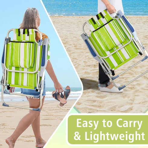 Pinikuyiro Backpack 5-Position Folding Beach Chairs,Portable Lay Flat Foldable Chair with Cup Holder and Towel Bars